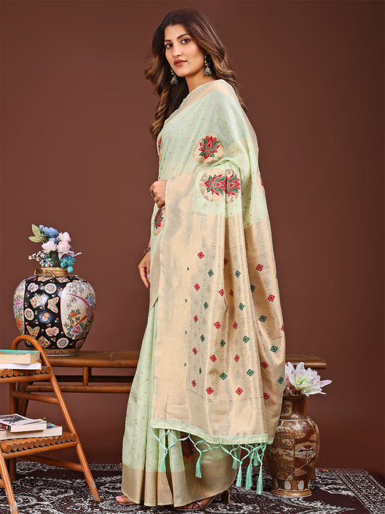Light Green Linen Cotton Saree With Blouse Piece
