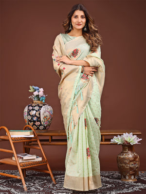 Light Green Linen Cotton Saree With Blouse Piece