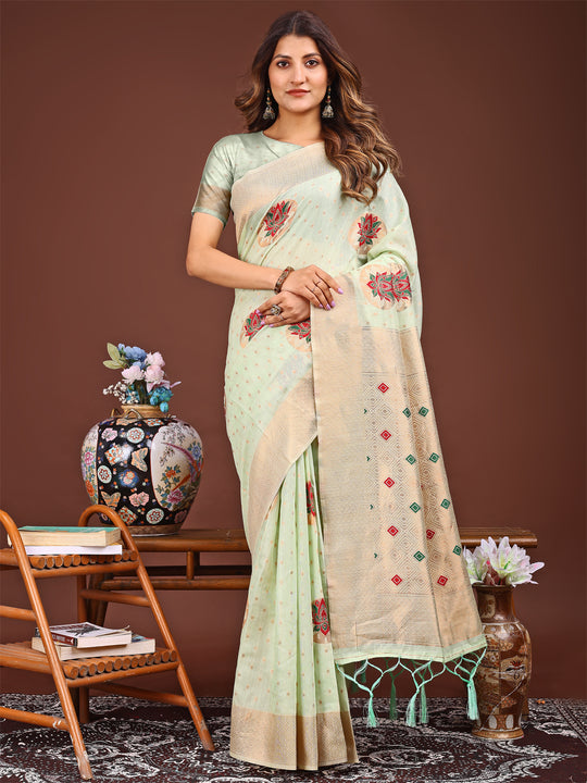 Light Green Linen Cotton Saree With Blouse Piece