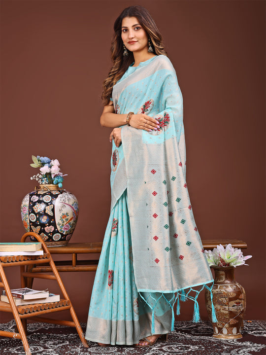 Sky Blue Linen Cotton Saree With Blouse Piece