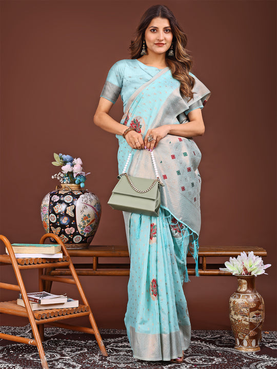 Sky Blue Linen Cotton Saree With Blouse Piece