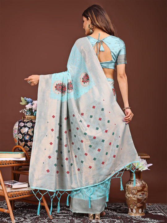 Sky Blue Linen Cotton Saree With Blouse Piece