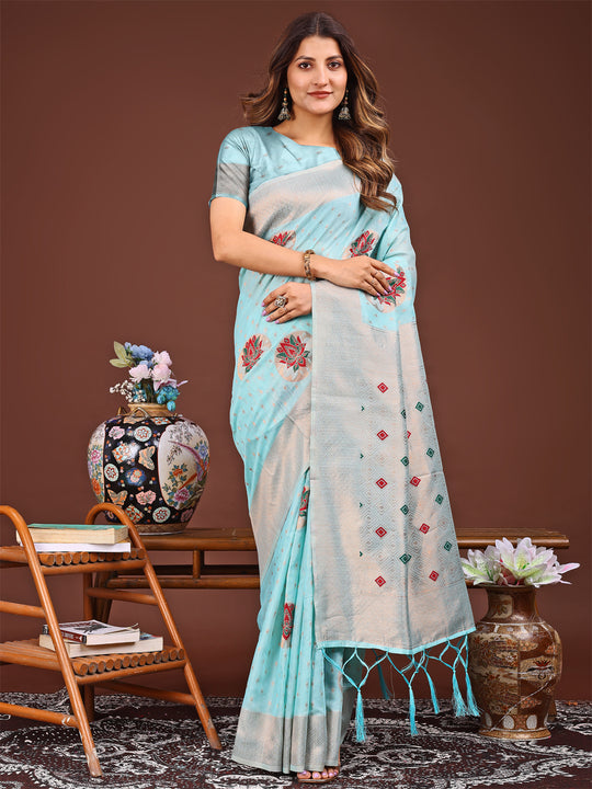 Sky Blue Linen Cotton Saree With Blouse Piece