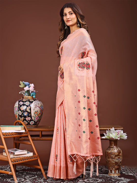 Pink Linen Cotton Saree With Blouse Piece
