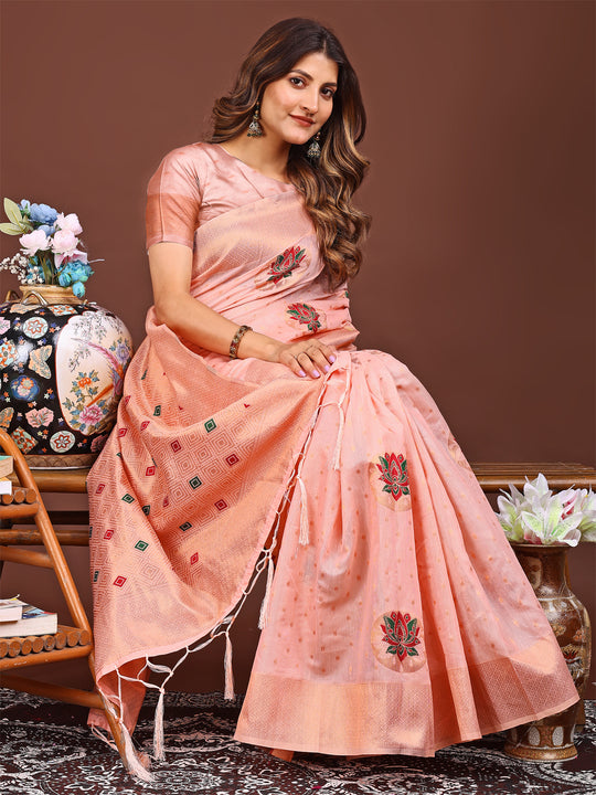 Pink Linen Cotton Saree With Blouse Piece