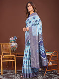 Sky Blue Linen Cotton Saree With Blouse Piece