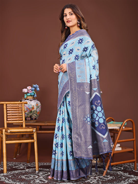 Sky Blue Linen Cotton Saree With Blouse Piece