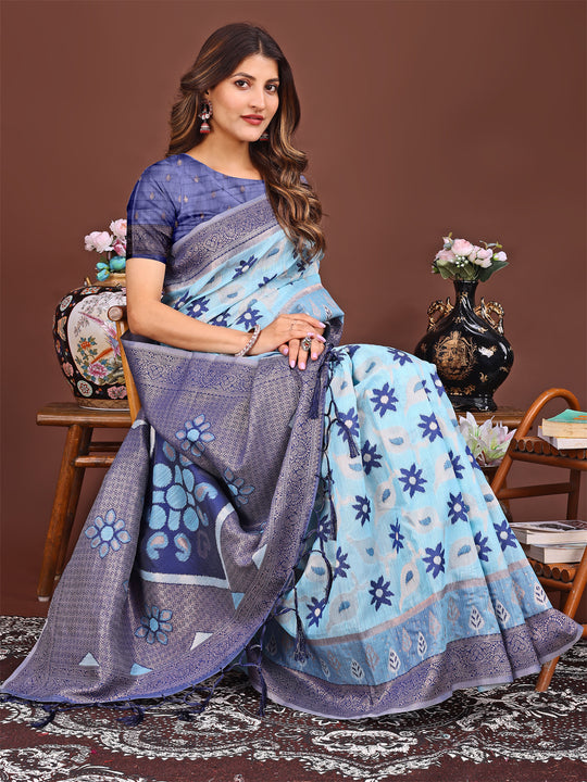 Sky Blue Linen Cotton Saree With Blouse Piece