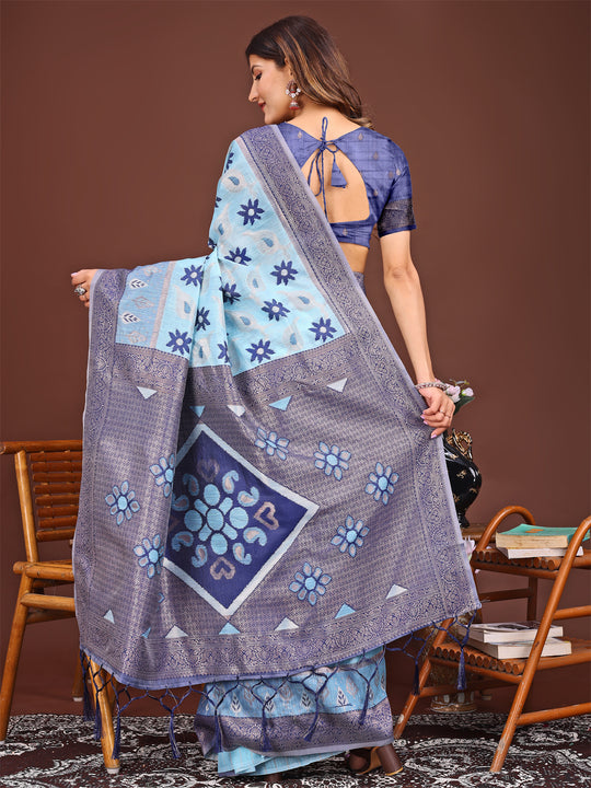 Sky Blue Linen Cotton Saree With Blouse Piece