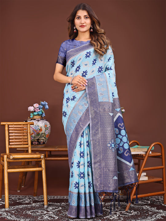 Sky Blue Linen Cotton Saree With Blouse Piece