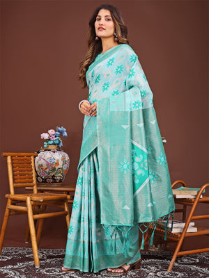 Sea Green Linen Cotton Saree With Blouse Piece