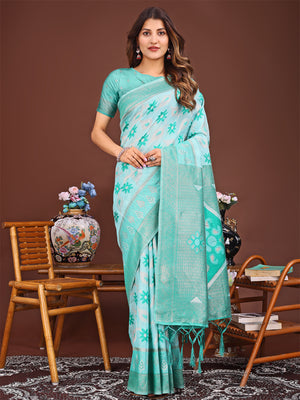 Sea Green Linen Cotton Saree With Blouse Piece
