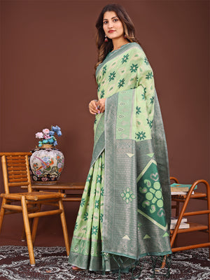 Light Green Linen Cotton Saree With Blouse Piece