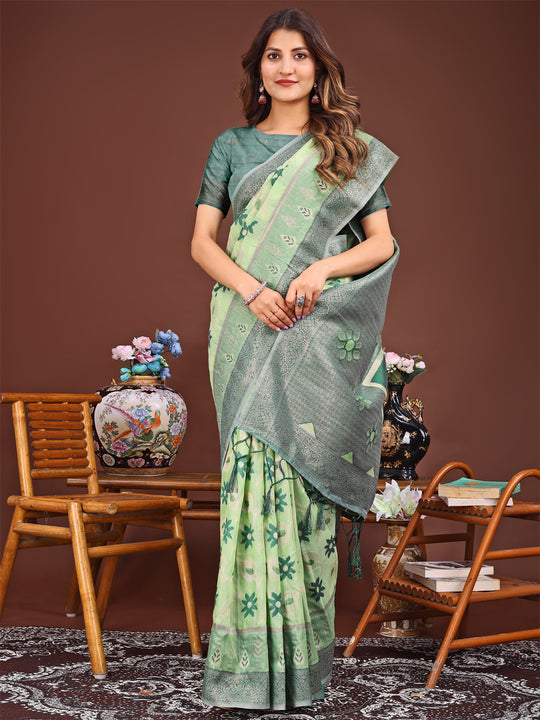 Light Green Linen Cotton Saree With Blouse Piece