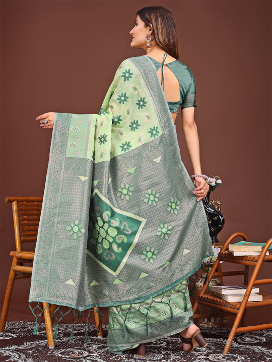 Light Green Linen Cotton Saree With Blouse Piece