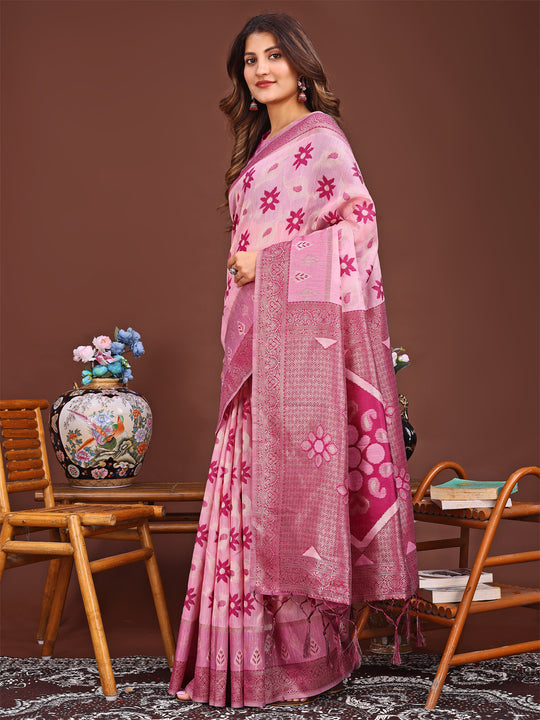 Pink Linen Cotton Saree With Blouse Piece
