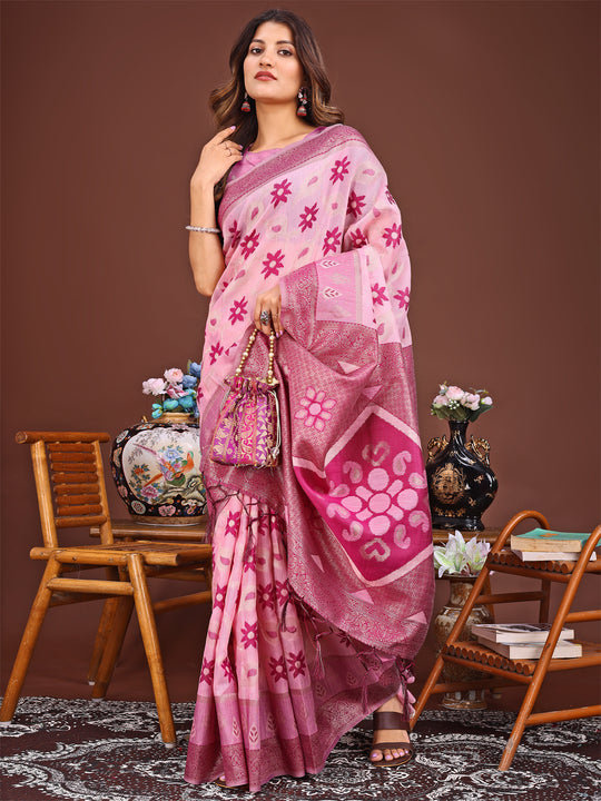 Pink Linen Cotton Saree With Blouse Piece