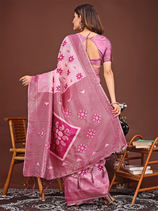 Pink Linen Cotton Saree With Blouse Piece