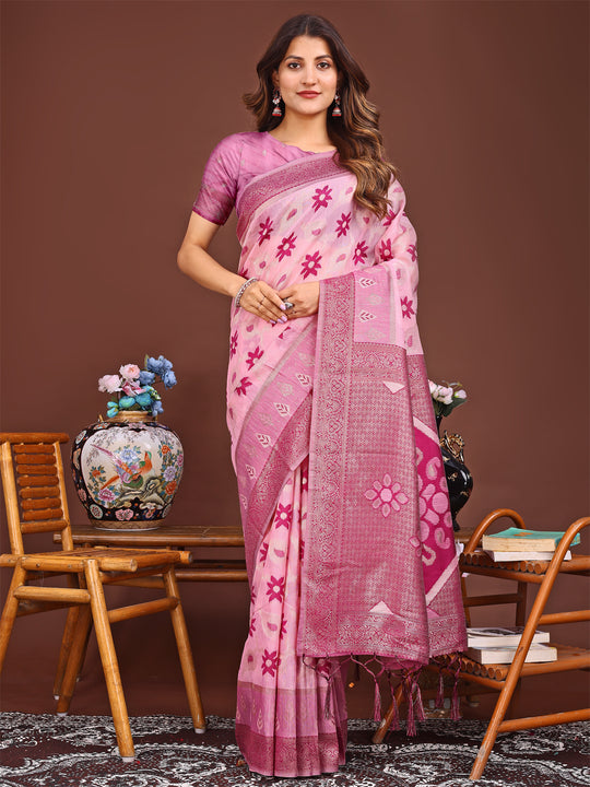 Pink Linen Cotton Saree With Blouse Piece