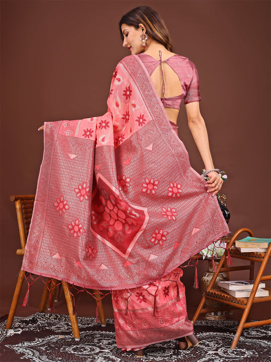 Peach Linen Cotton Saree With Blouse Piece