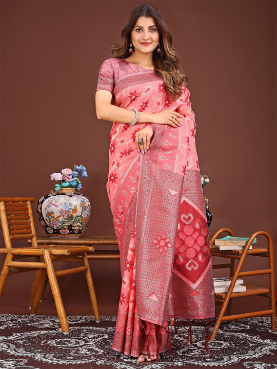 Peach Linen Cotton Saree With Blouse Piece