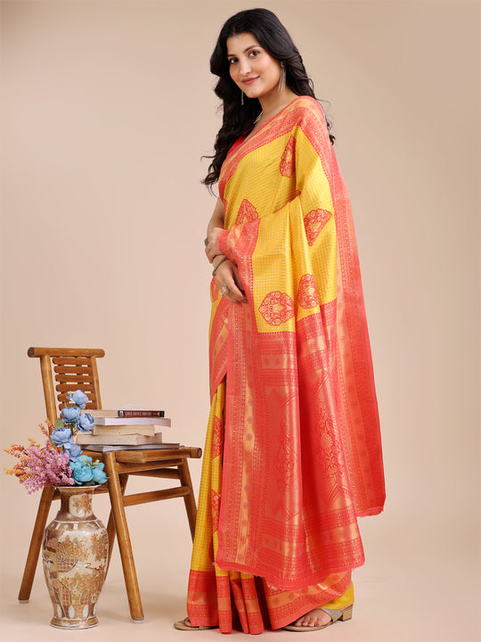Yellow & Red Banarasi Silk Saree With Blouse Piece