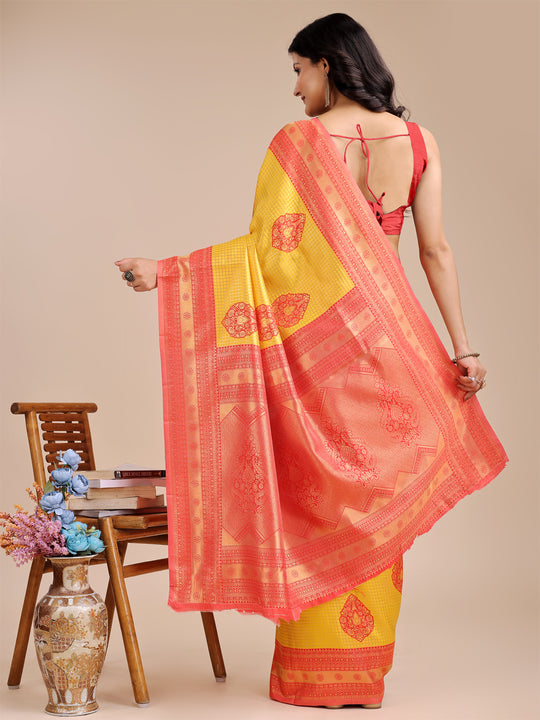 Yellow & Red Banarasi Silk Saree With Blouse Piece