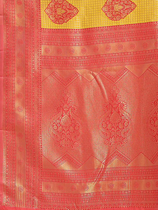 Yellow & Red Banarasi Silk Saree With Blouse Piece