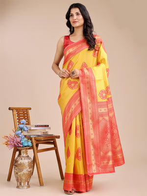 Yellow & Red Banarasi Silk Saree With Blouse Piece