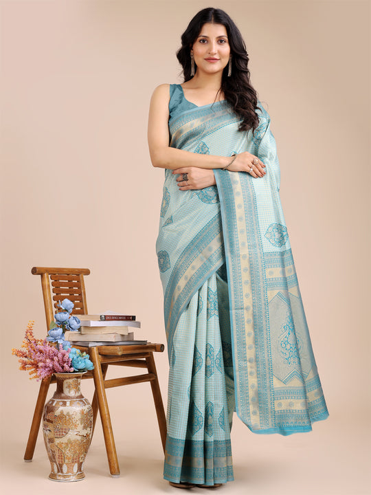 Sea Green Banarasi Silk Saree With Blouse Piece