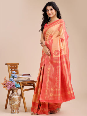 Orange & Red Banarasi Silk Saree With Blouse Piece