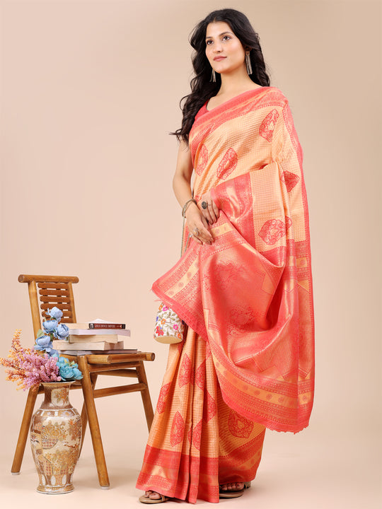 Orange & Red Banarasi Silk Saree With Blouse Piece