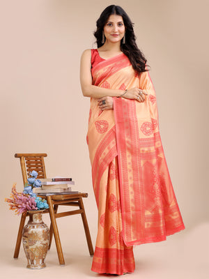 Orange & Red Banarasi Silk Saree With Blouse Piece