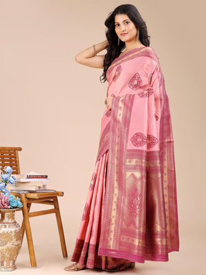 Light Pink & Magenta Banarasi Silk Saree With Blouse Piece