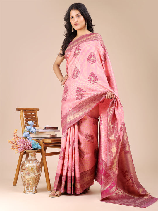 Light Pink & Magenta Banarasi Silk Saree With Blouse Piece