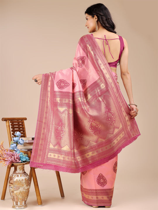Light Pink & Magenta Banarasi Silk Saree With Blouse Piece