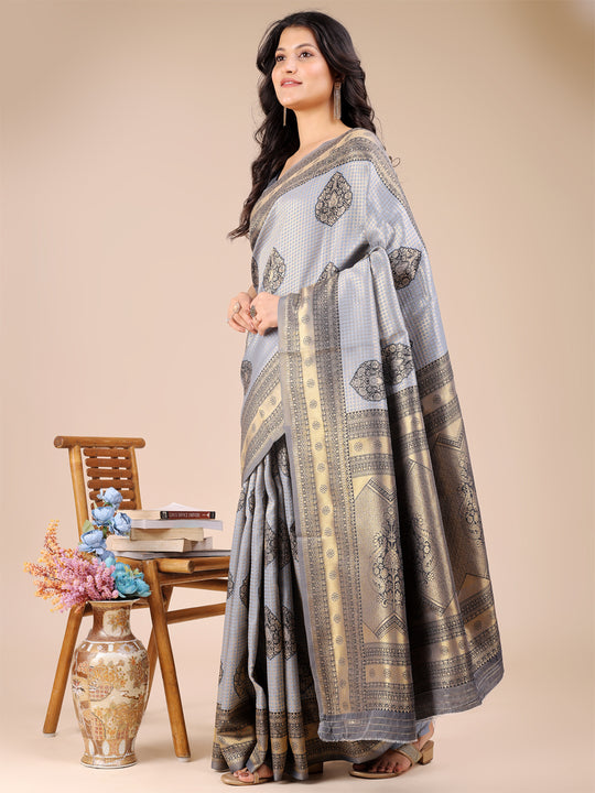 Grey Banarasi Silk Saree With Blouse Piece