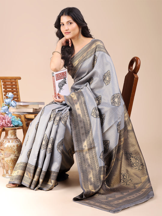 Grey Banarasi Silk Saree With Blouse Piece