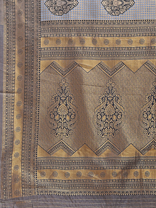 Grey Banarasi Silk Saree With Blouse Piece