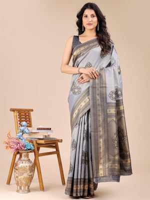 Grey Banarasi Silk Saree With Blouse Piece