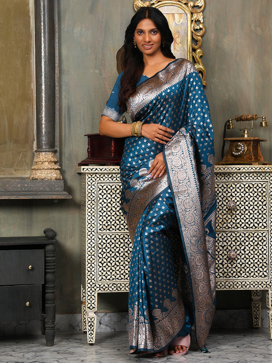 Blue Banarasi Silk Saree With Blouse Piece