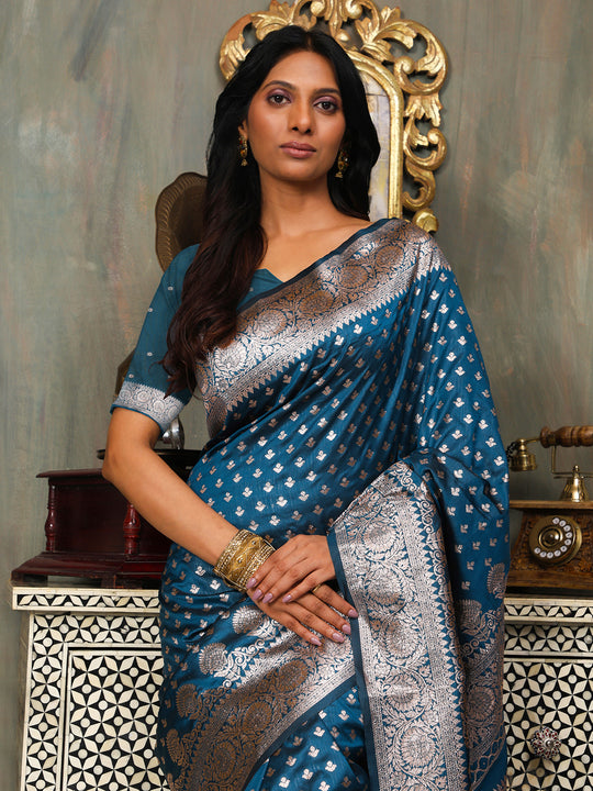 Blue Banarasi Silk Saree With Blouse Piece