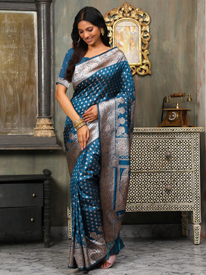 Blue Banarasi Silk Saree With Blouse Piece