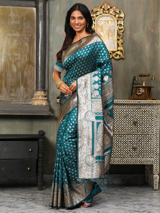 Sea Green Banarasi Silk Saree With Blouse Piece