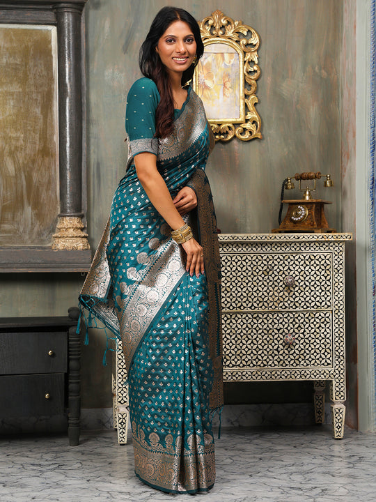 Sea Green Banarasi Silk Saree With Blouse Piece