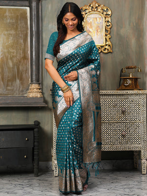 Sea Green Banarasi Silk Saree With Blouse Piece