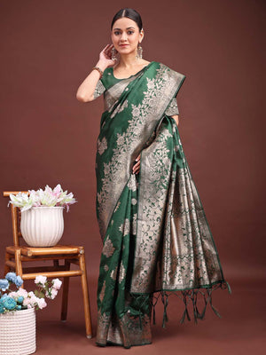 Dark Green Banarasi silk Saree With Blouse Piece