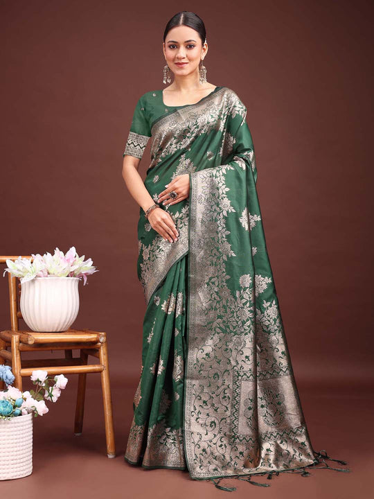 Dark Green Banarasi silk Saree With Blouse Piece