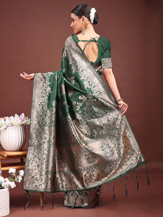Dark Green Banarasi silk Saree With Blouse Piece