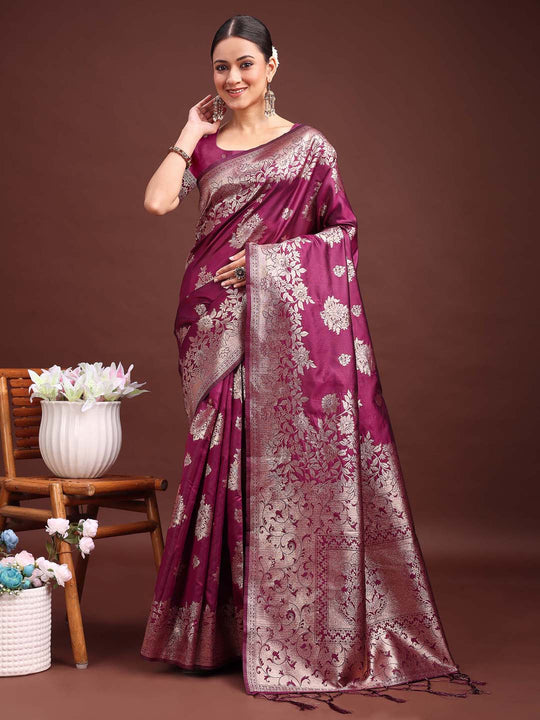 Purple Banarasi silk Saree With Blouse Piece